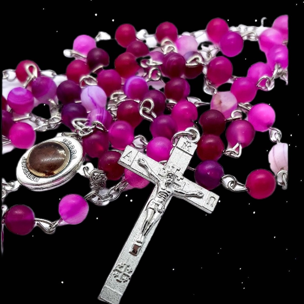 STUNNING PINK & PURPLE CRYSTAL BEADS ROSARY - Picture 5 of 8